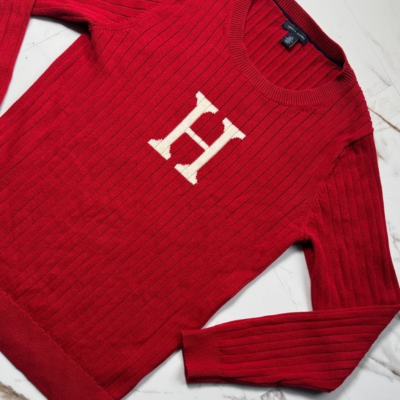 Tommy Hilfiger Sweaters - Tommy Hilfiger Vintage Y2K Womens L Sweater Ribbed H Logo Red Crew 90s Spellout